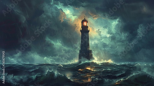 A dramatic illustration of a towering lighthouse standing firm against a backdrop of stormy seas and darkening skies, serving as a beacon of hope and guidance for those lost at sea. photo