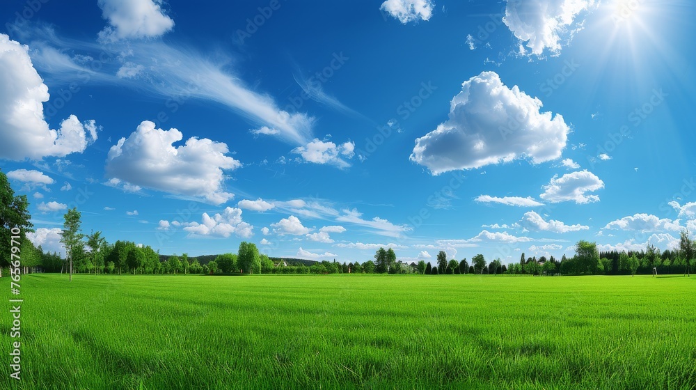 Green Field With Trees and Clouds in the Sky Green Field With Trees and Clouds in the Sky