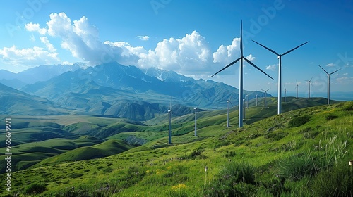 Clean energy generated from wind turbines and solar cells surrounded by green fields.