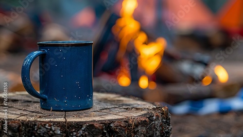 Rustic outdoor setting with a blue mug on a wooden stump near flames