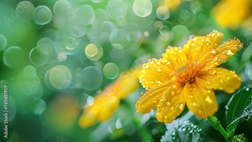 Close-up of raindrops on green with golden bloom backdrop