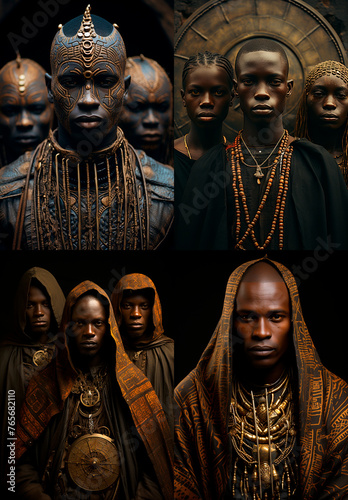 African men wearing shields in a unique style. Photography demonstrating cultural heritage and traditions. Capturing the essence of African warrior culture.