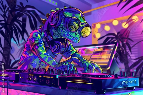 A vibrant, pop art-style illustration of a cool chameleon DJ mixing music in a colorful, neon-lit nightclub, digital art