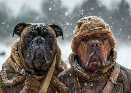 XL Bully Dogs Dressed in Military Uniforms in the Snow