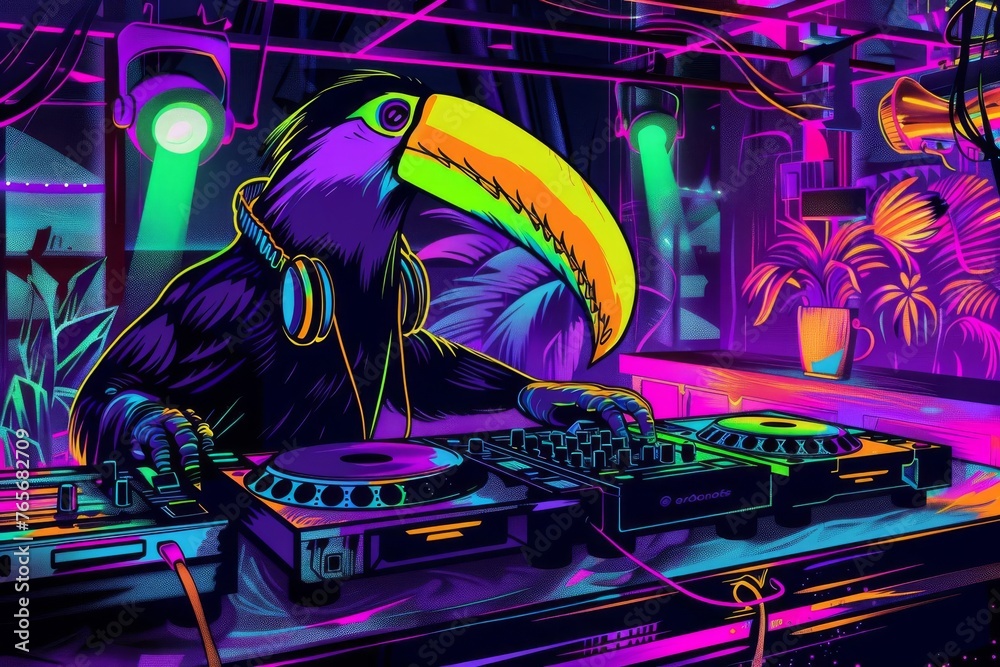 A vibrant, pop art-style illustration of a trendy toucan DJ mixing music in a colorful, neon-lit nightclub, digital art