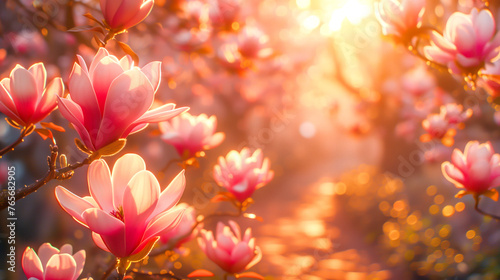 Serene backdrop with soft pink magnolia flowers in full bloom, highlighting the beauty of spring and fleeting, precious moments it brings. Ideal for themes of renewal, nature's beauty, and springtime