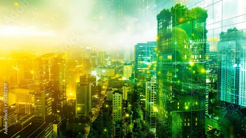 A futuristic cityscape with green skyscrapers 