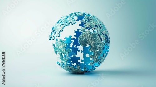 A digital illustration of puzzle pieces coming together to form a globe, economies, international