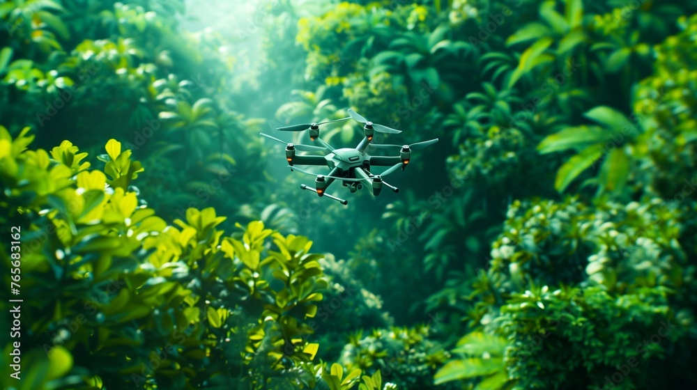 A drone flying over a digital green landscape, monitoring environmental changes and biodiversity. A drone flying over a digital green landscape, monitoring environmental changes and biodiversity.