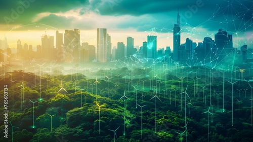 Green Grass Urban Landscape with Wind Turbines and City Skyline