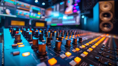 Broadcast studio mixing desk with screens in soft focus