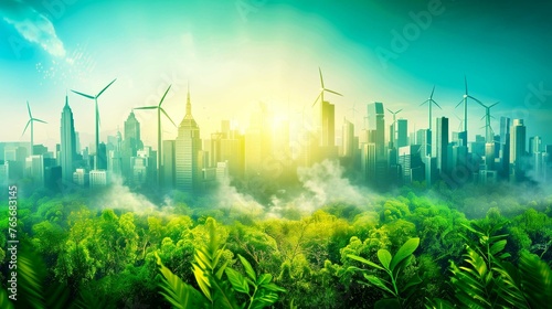 Green Grass Urban Landscape with Wind Turbines and City Skyline