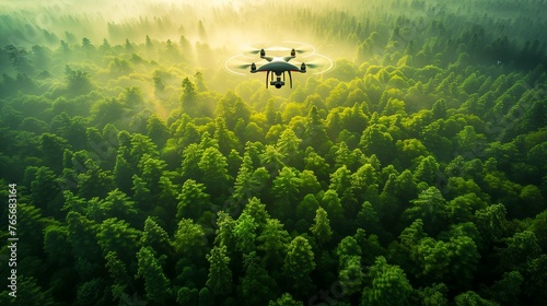 A drone flying over a digital green landscape, monitoring environmental changes and biodiversity.