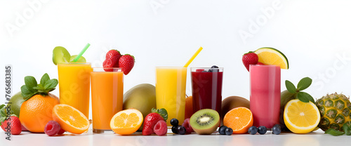 Set of fruit and vegetable and berries juice on white background ,Fresh fruit juices in glasses with straws on wooden table outdoors © Raees