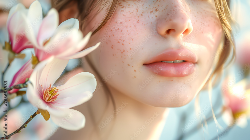 Close-up of young, red-haired girl with sprinkle of freckles leaning thoughtfully near tree with magnolia flowers, exuding a sense of natural beauty and individuality