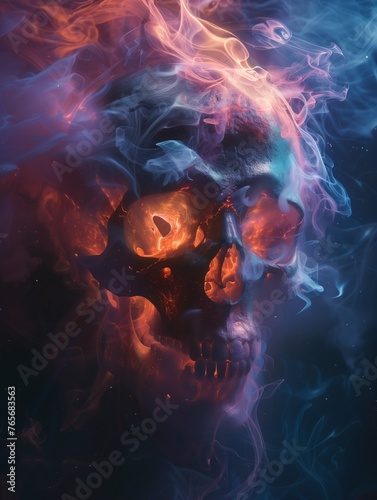 An astonishing digital art of skull, bioluminescent, smoke, fog background