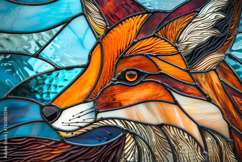 Colorful stained glass depiction of a friendly red fox, cunning and detailed