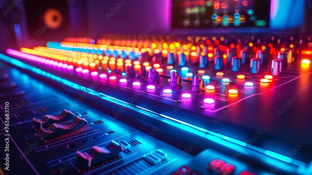 Media mixer console illuminated with colorful LEDs