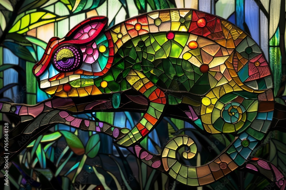 curious chameleon depicted in vibrant stained glass, Vibrant Stained Glass Style, adaptable