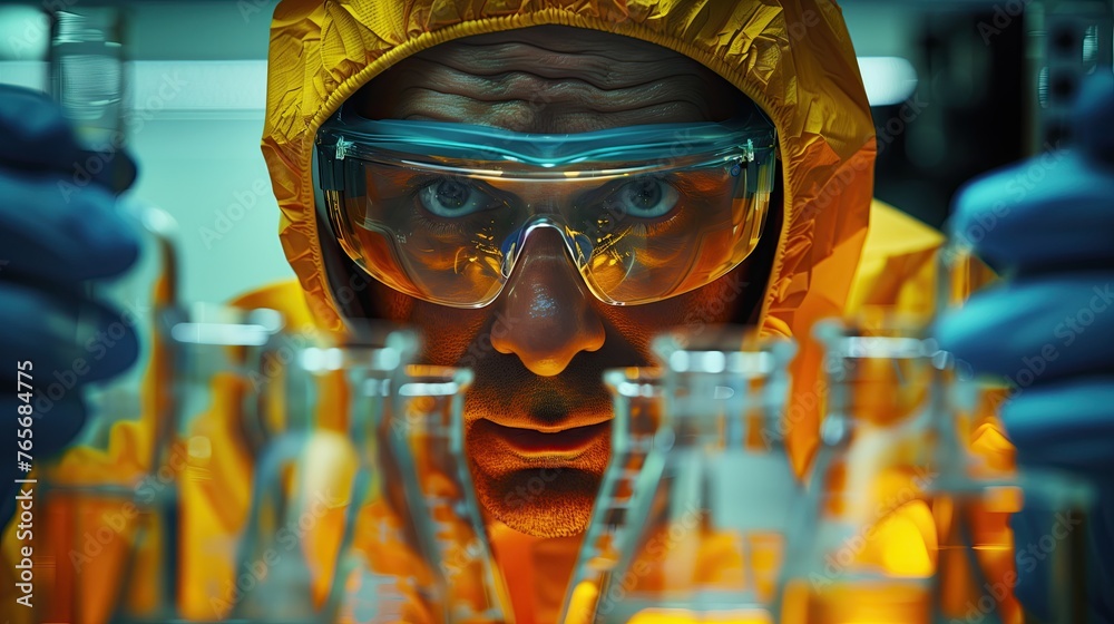 Scientists are studying chemicals contained in glass tubes. Ready to wear protective equipment Scientists are studying chemicals contained in glass tubes. Ready to wear protective equipment