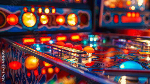 Close view of a colorful pinball game board with bright lights and glossy metal parts photo