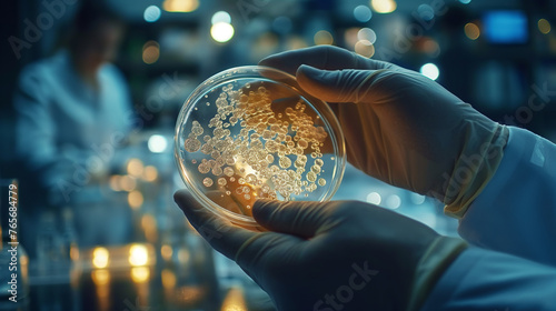 Scientist Examining Bacterial Cultures in Petri Dish