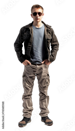 Portrait of a person. Figure of a young man in sunglasses with hands in his pockets on a white background. © michalsen
