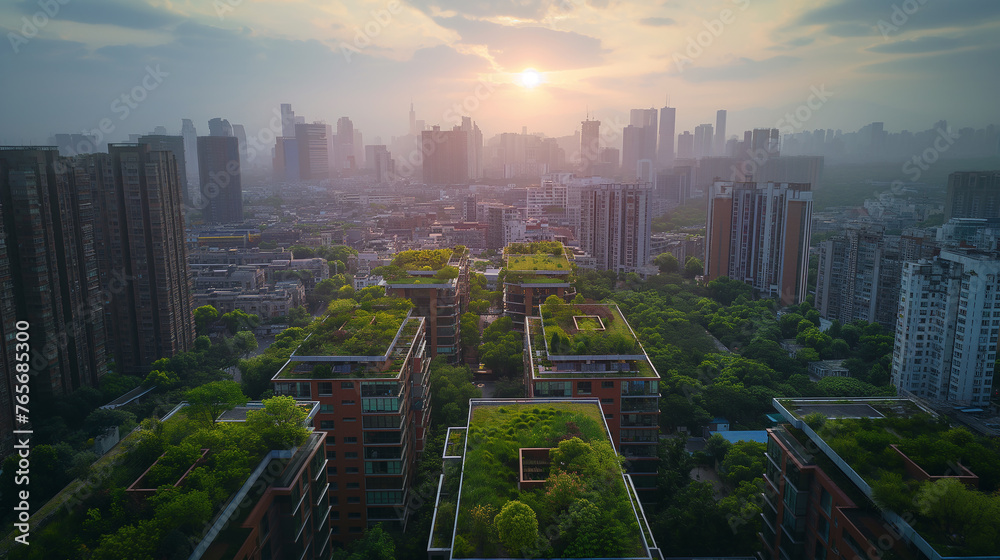 Fototapeta premium Sunset Over Eco-Friendly Urban Landscape