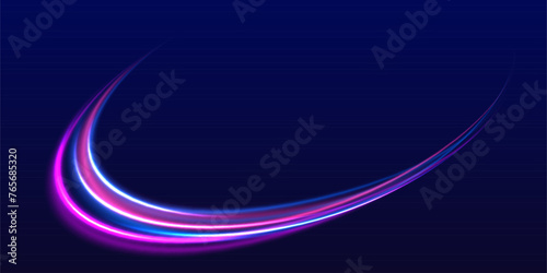 Speed police line. Laser beams, horizontal light rays. Magic shining neon light line trails. Purple glowing wave swirl, impulse cable lines. High speed effect motion blur night lights