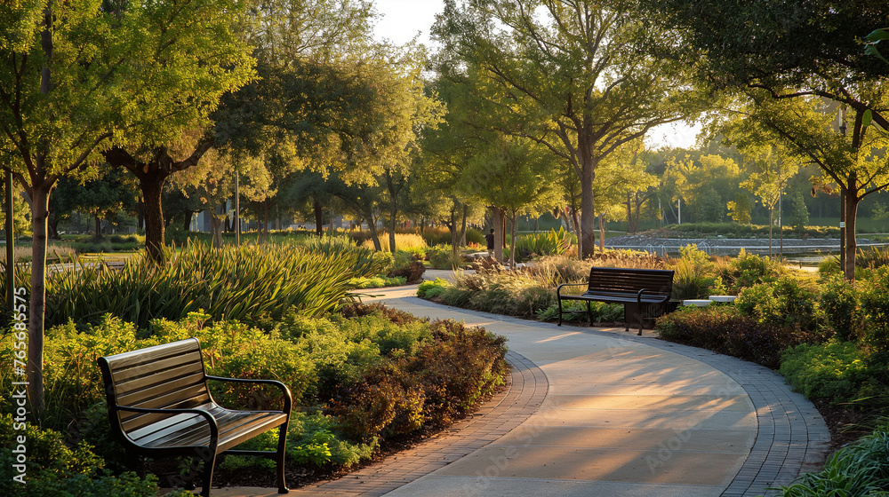 Obraz premium Tranquil Park Bench on a Winding Path at Sunset