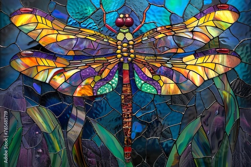 graceful dragonfly depicted in colorful stained glass  Vibrant Stained Glass Style  delicate