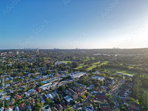Aerial view of an Australian suburb with numerous buildings. Manly, Sydney
