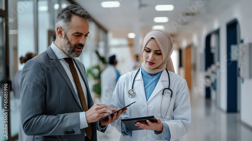 A sales agent from a pharmaceutical company is talking with a female doctor wearing a Hijab, at a hospital.