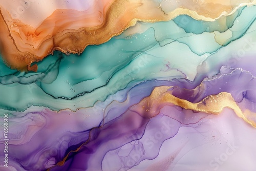 Multicolored alcohol ink painting with a variety of bold and vibrant colors, including shades of gold, purple, and mint. Abstract wallpaper background. Marble texture