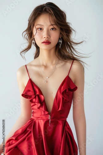 Portrait of a pretty young woman super model of Korean ethnicity wearing an elegant red satin gown with a high slit, open back, and cascading ruffles