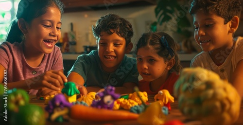 A group of giggling Latinx children film a stop-motion animation on a kitchen table, using colorful clay figures and vegetables as props. (playful, collaborative)