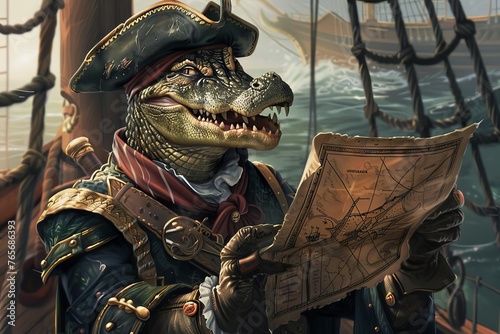 humanoid crocodile head man, wearing a pirate captain outfit, holding a treasure map on a ship, digital art