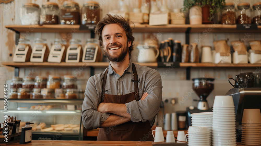 Barista with a Welcoming Grin at Coffee Shop