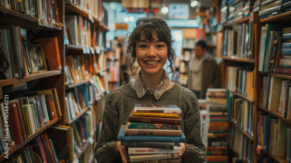 Inviting Woman at Bookstore with a Warm Smile Amongst Shelves of Books Inviting Woman at Bookstore with a Warm Smile Amongst Shelves of Books