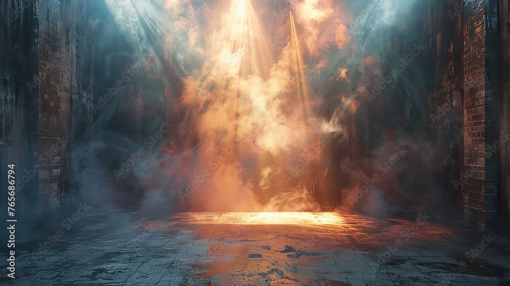Empty stage with dramatic lighting and smoke effects