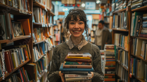 Inviting Woman at Bookstore with a Warm Smile Amongst Shelves of Books