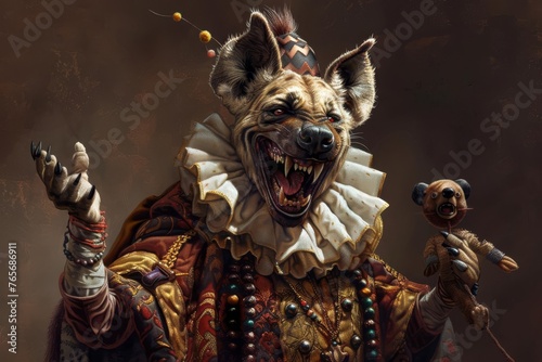 humanoid hyena head man, wearing a court jester outfit, laughing and holding a puppet, digital art