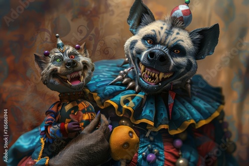 humanoid hyena head man, wearing a court jester outfit, laughing and holding a puppet, digital art