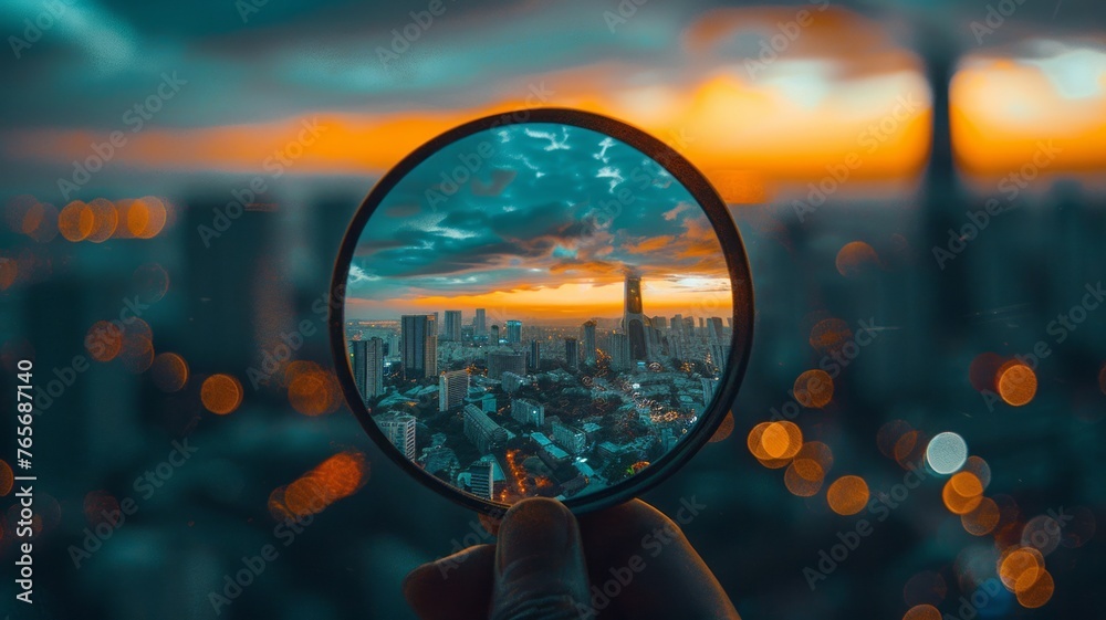 Handheld gadget mirrors early morning urban horizon Handheld gadget mirrors early morning urban horizon