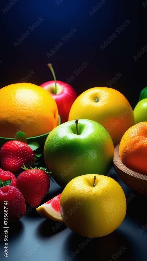 Fruits and vegetables still life on a wooden table. Black background. generative ai Fruits and vegetables still life on a wooden table. Black background. generative ai