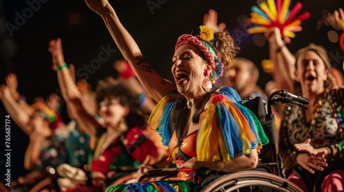 A group of people with disabilities participating in a wheelchair dance performance. Their faces are filled with joy and their colorful costumes add to the vibrant scene. © Sasint