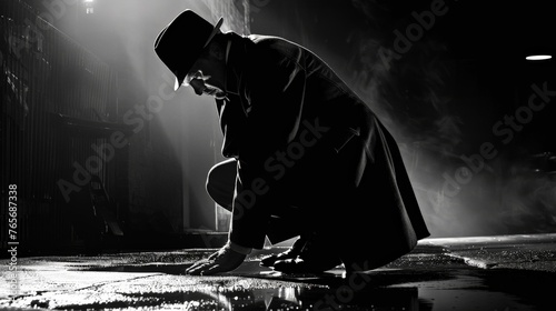 A high-contrast black and white shot of a detective hunched over a crime scene photo, their face etched with determination. (noir style, gritty)