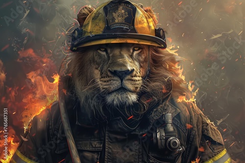 humanoid lion head man, wearing a firefighter uniform and helmet, holding a fire hose, digital art