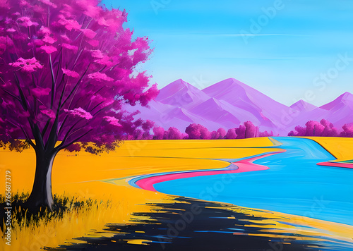 landscape in a fabulous forest, rainbow spectrum of colorful autumn trees in unusual neon lighting, fog background autumn fantasy painted, mountain and forest terrain, Generative AI © LIUBOMYR