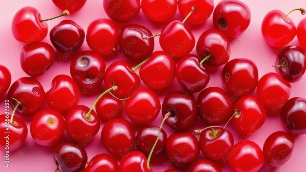 Cherries on a pink background, close-up, macro. generative ai Cherries on a pink background, close-up, macro. generative ai